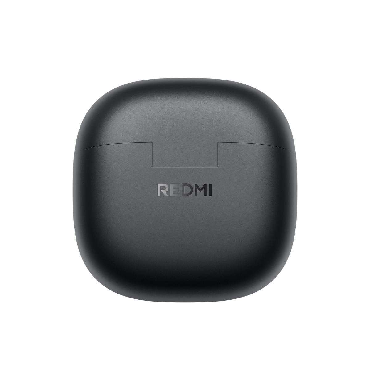 Un estuche de carga para auriculares gris oscuro cerrado con el logo de REDMI.