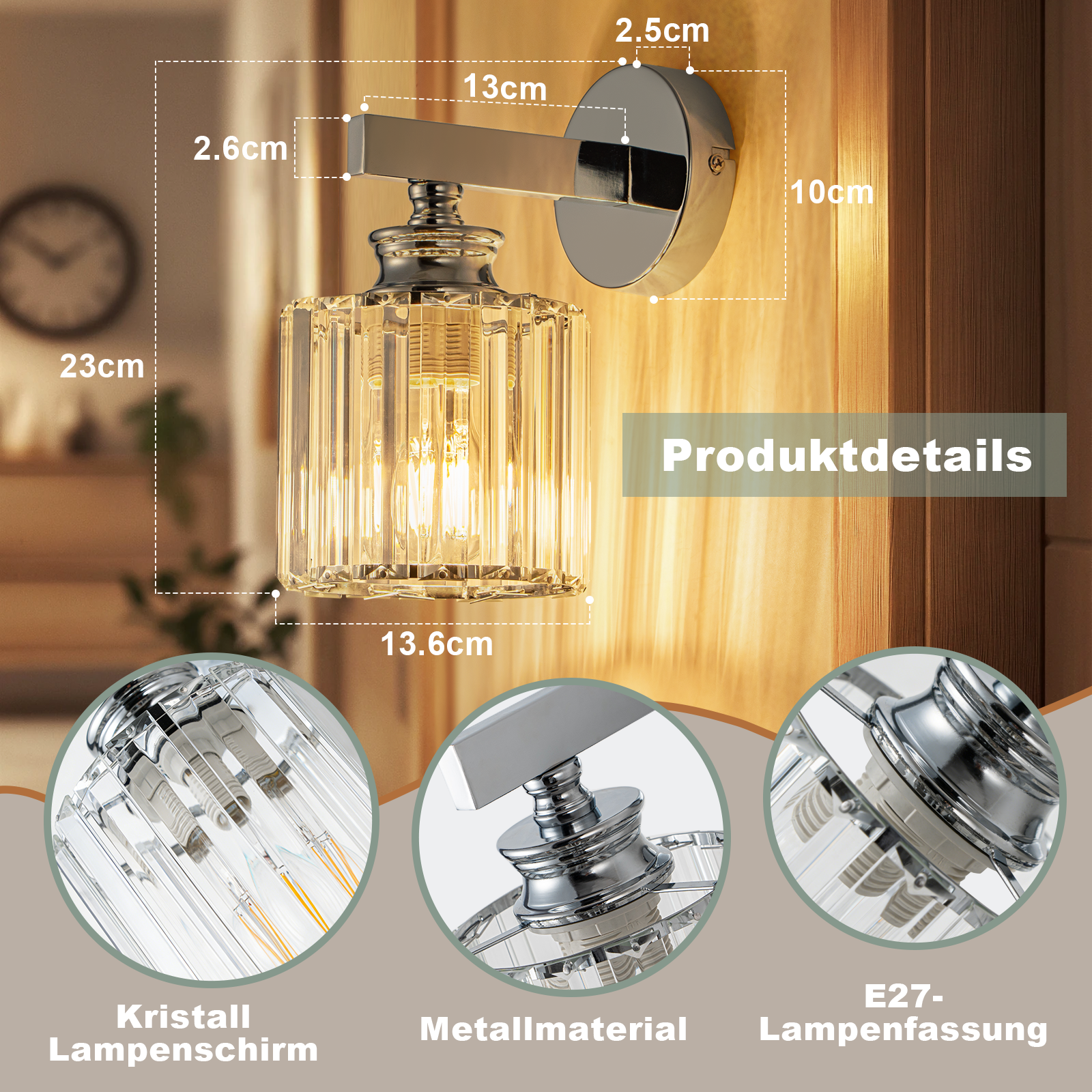 Lámpara de pared con pantalla de cristal, brazo metálico y casquillo E27.