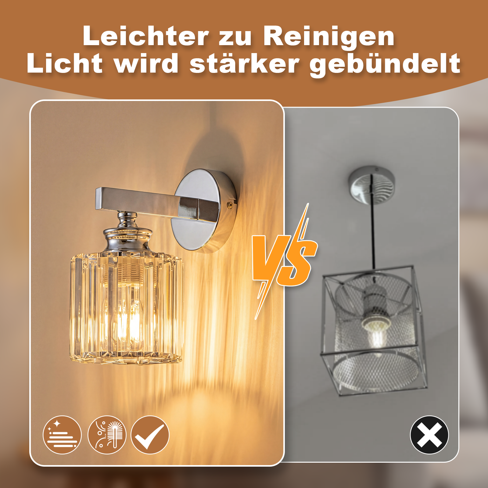 Comparación de dos lámparas: una lámpara de pared de cristal y una lámpara colgante de metal.