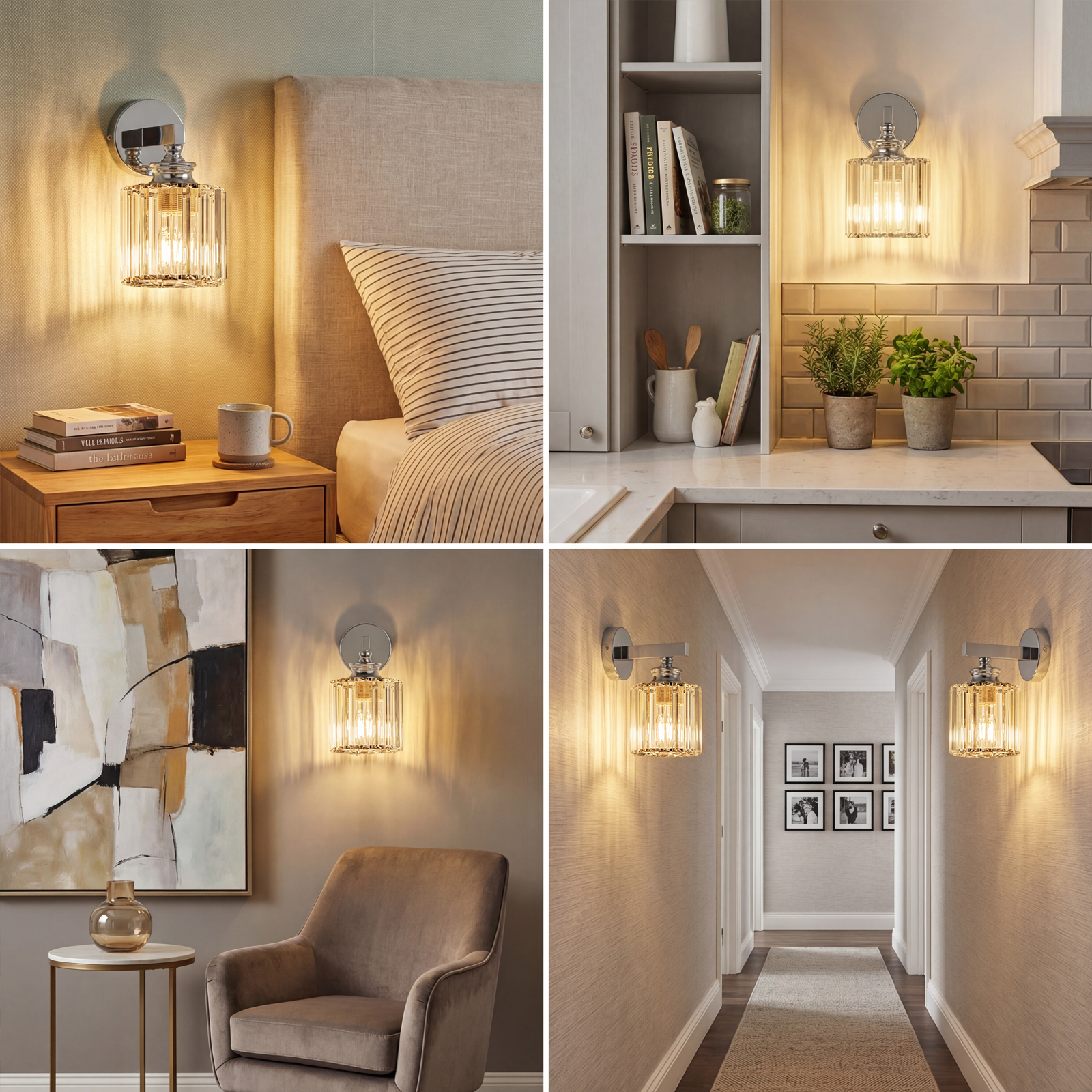 Un aplique de pared de cristal ilumina un dormitorio, cocina, sala y pasillo.