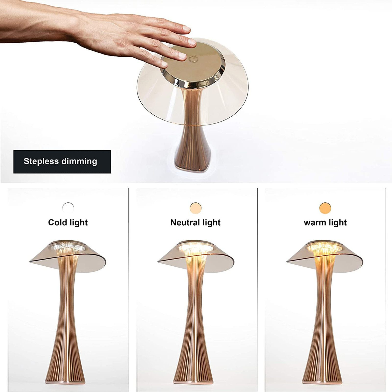 Una mano tocca una lampada che mostra tre modalità di luce: fredda, neutra e calda.