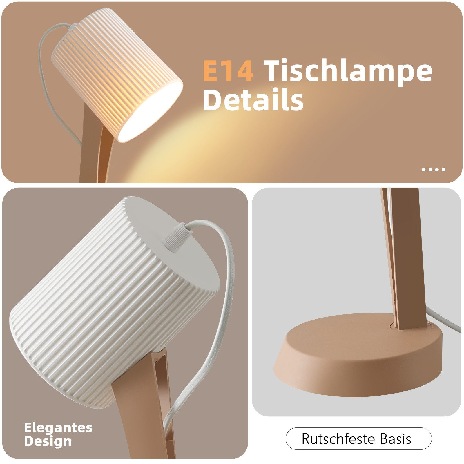 Lampada da scrivania bianca con paralume a coste e base color cuoio.
