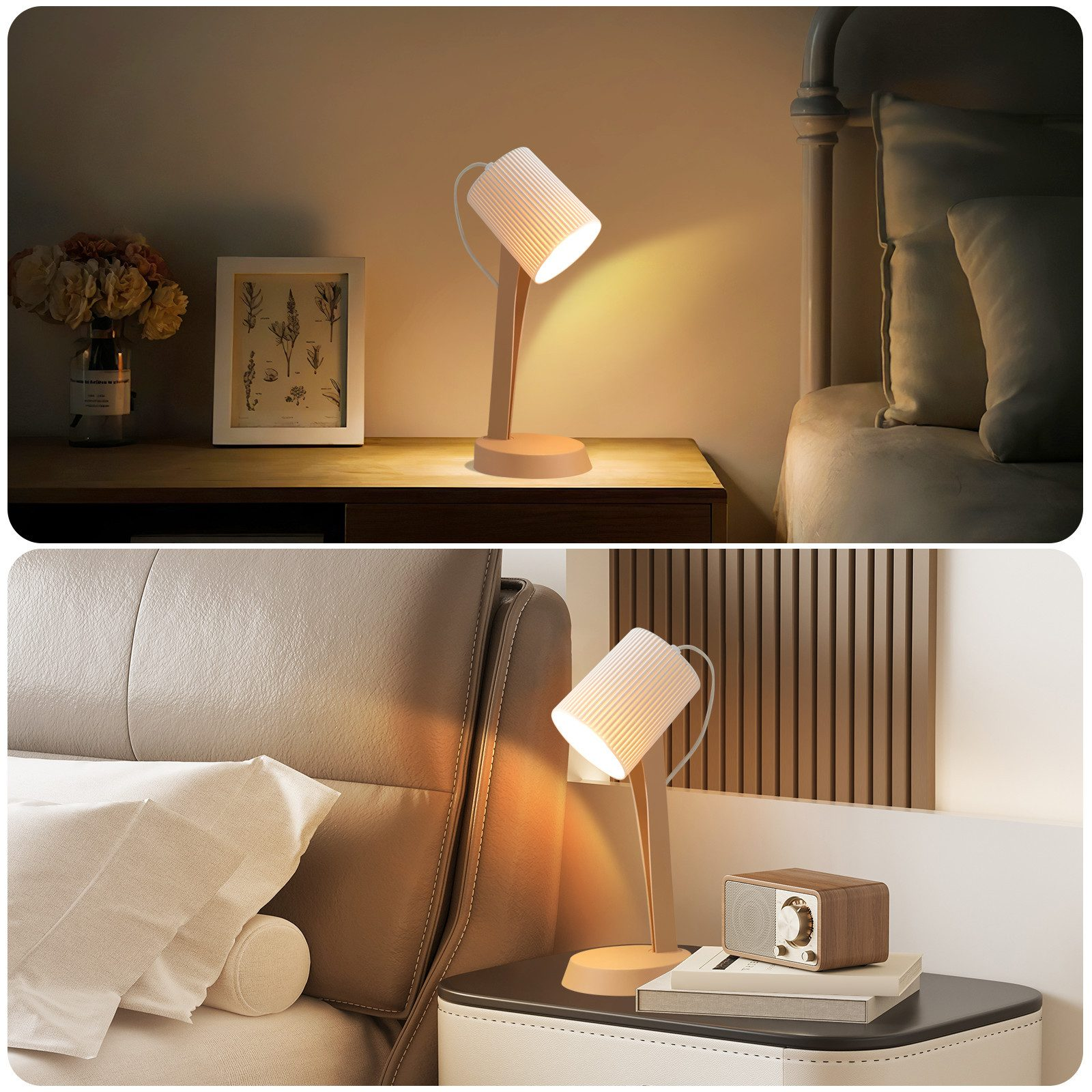 Un comodino con lampada, fiori e un letto sullo sfondo.