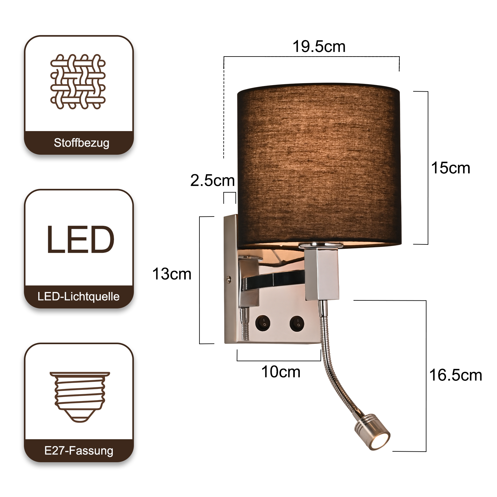 Lámpara de pared con pantalla de tela, luz LED flexible y medidas.