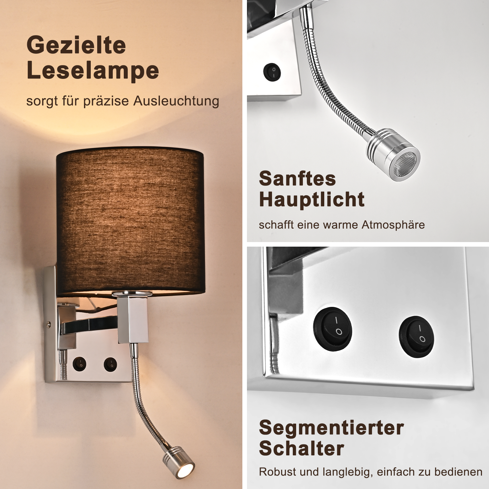 Una lámpara de pared con pantalla negra y brazo de lectura LED flexible.