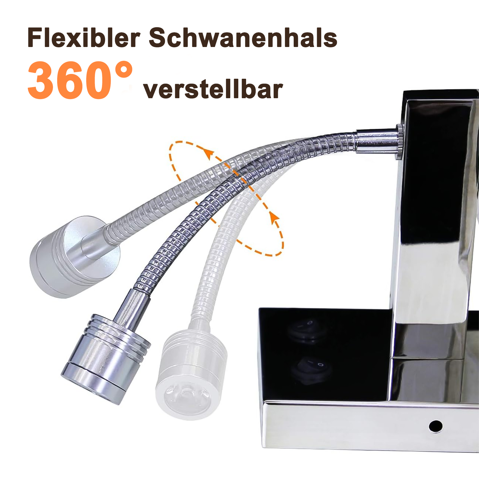 Lámpara de cuello de cisne flexible, ajustable 360 grados, plateada.