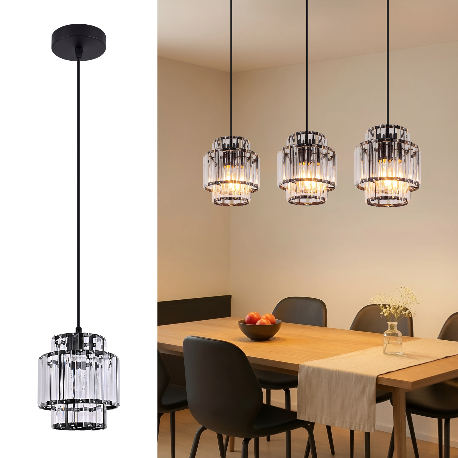 Lampa wisząca z kryształowego szkła i czarnego metalu nad drewnianym stołem.
