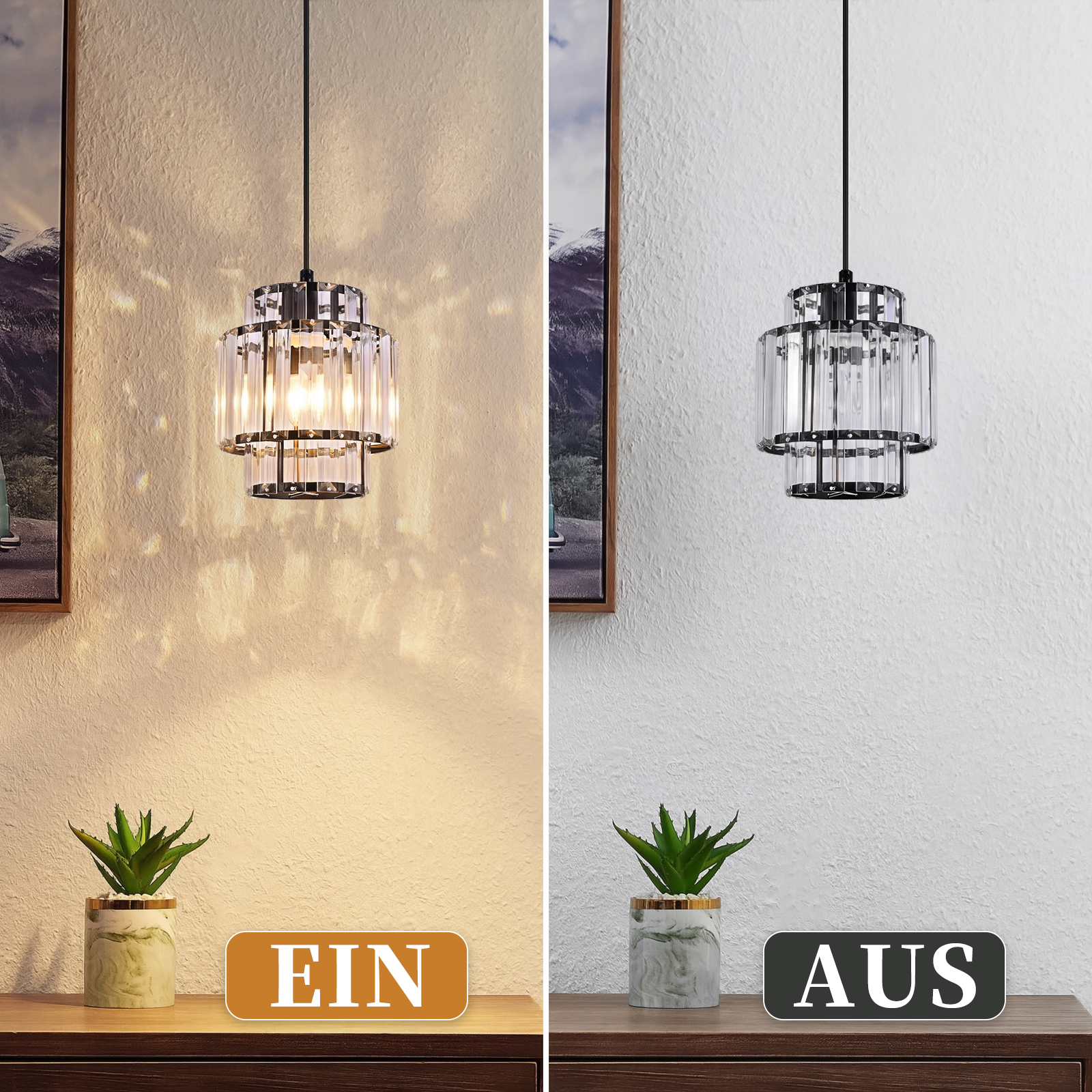 Lampa wisząca z kryształu, oświetlona i nieoświetlona, obok rośliny.