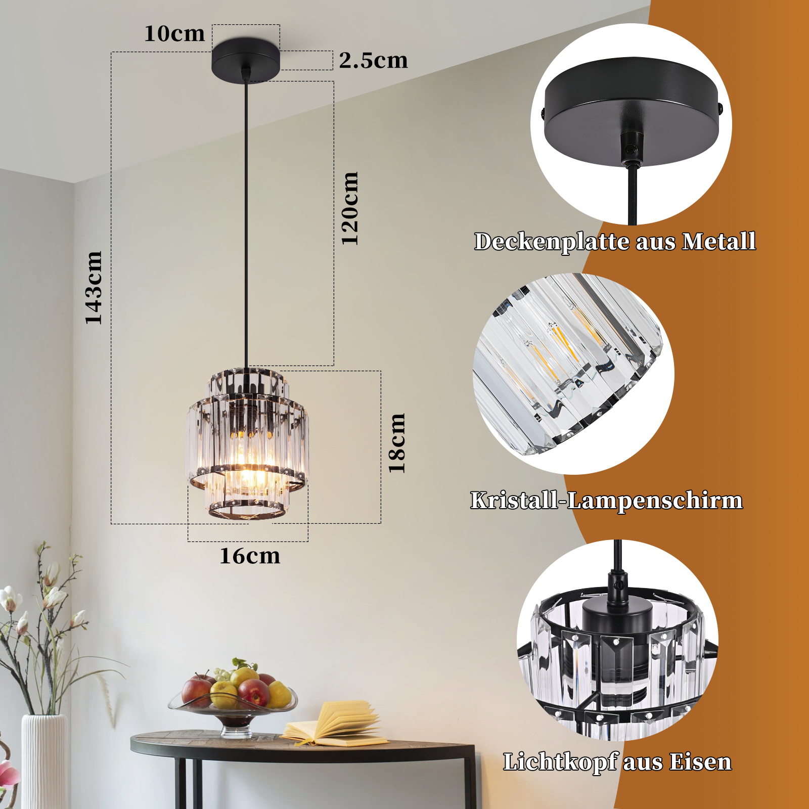 Lampa wisząca z kryształowym kloszem wisi nad stołem z miską owoców.