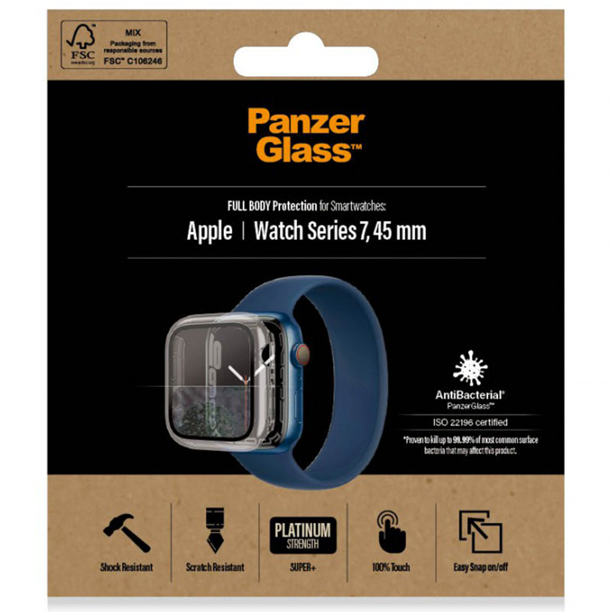 Pełna ochrona ciała Panzer Glass dla Apple Watch Series 7, 45mm, z właściwościami antybakteryjnymi.
