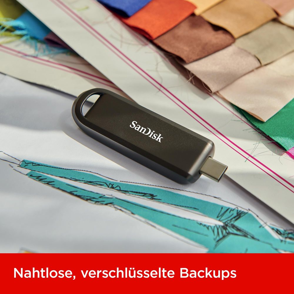 Una chiavetta USB-C SanDisk scura poggia su schizzi e campioni di tessuto.
