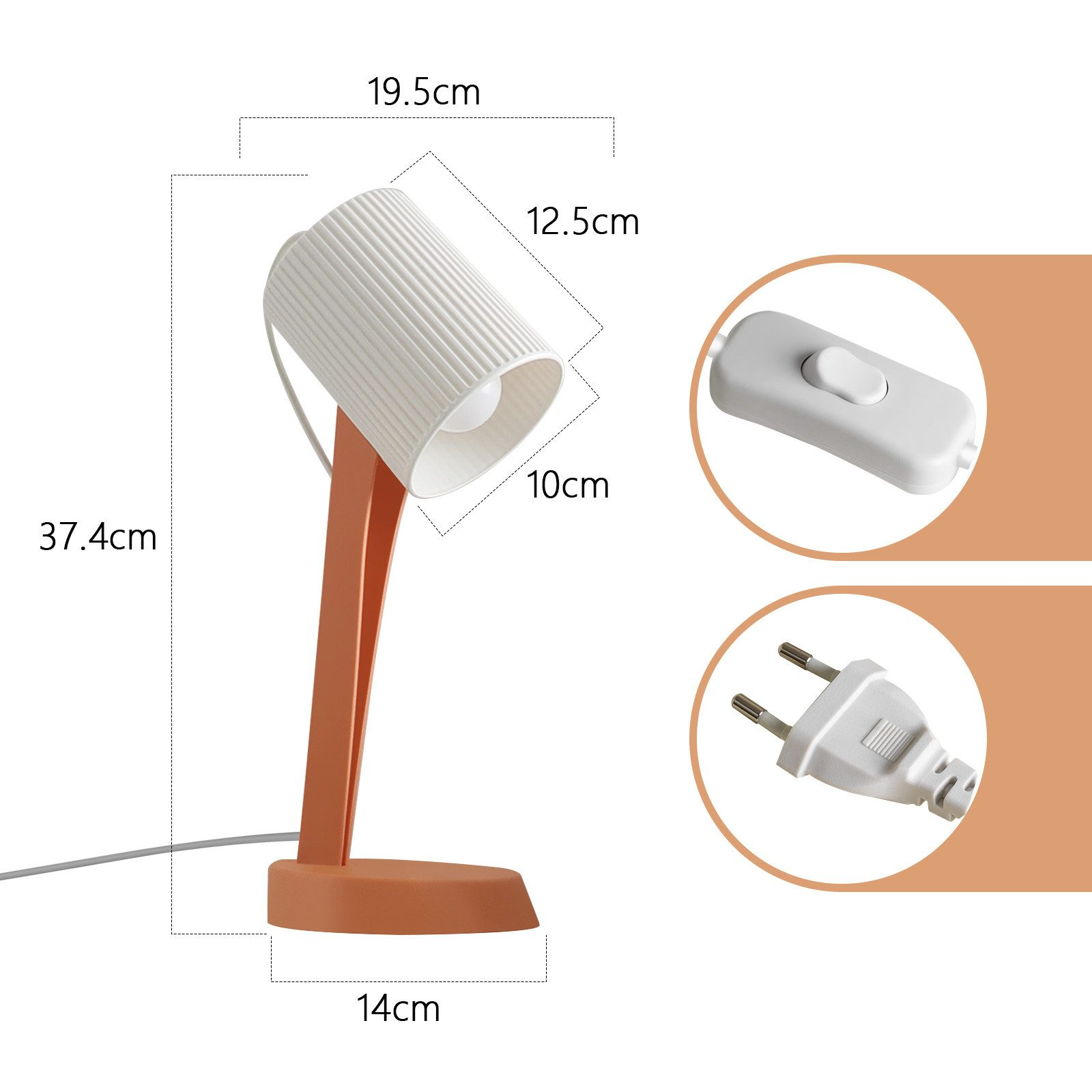 Una lampada da scrivania bianca con base e cavo arancioni.