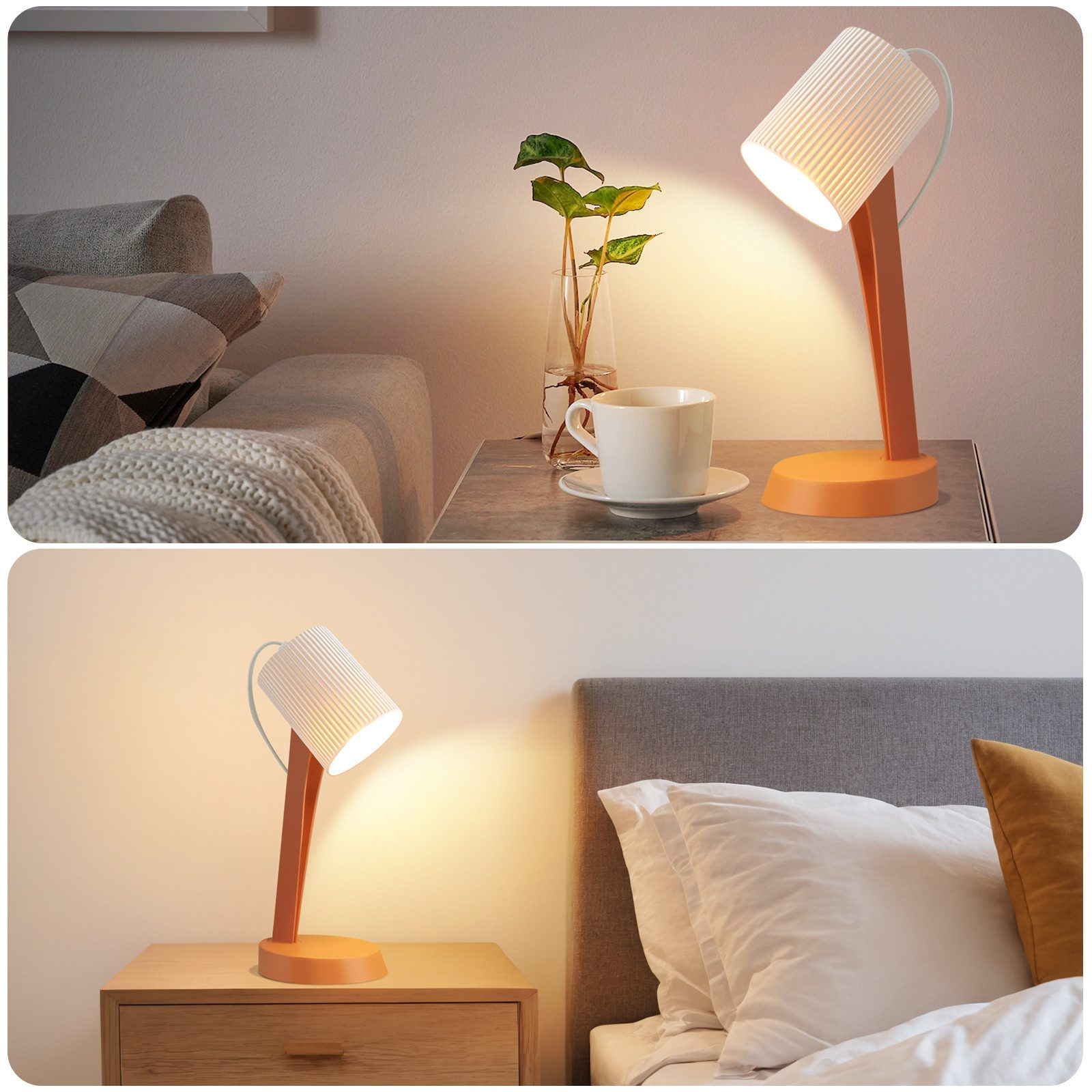Una lampada da scrivania arancione con paralume a coste illumina un comodino accanto a un letto.