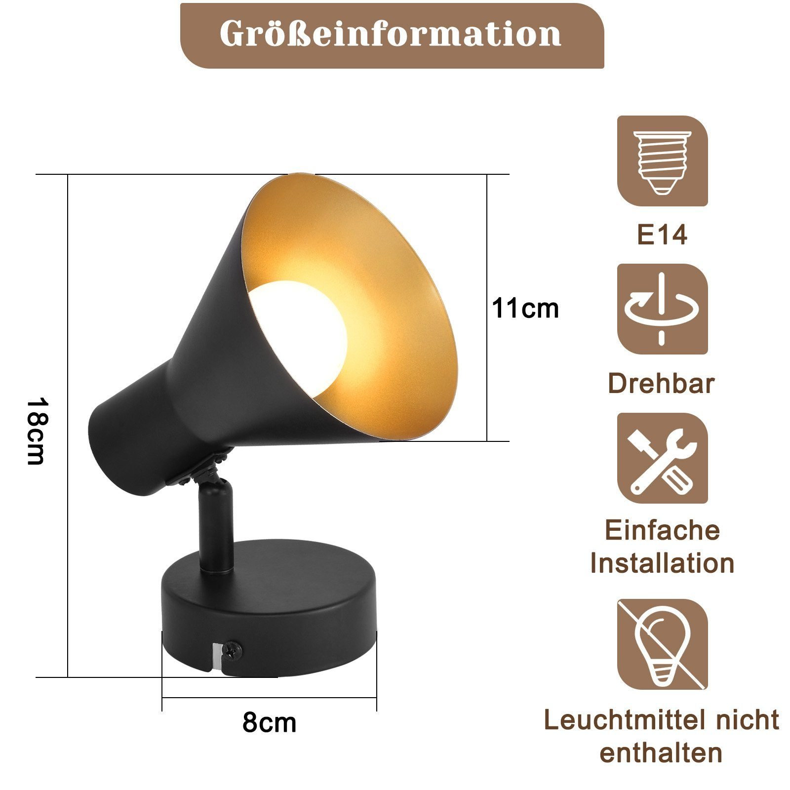 Lampada nera con interno dorato, dimensioni: 18x11x8cm. Attacco E14.