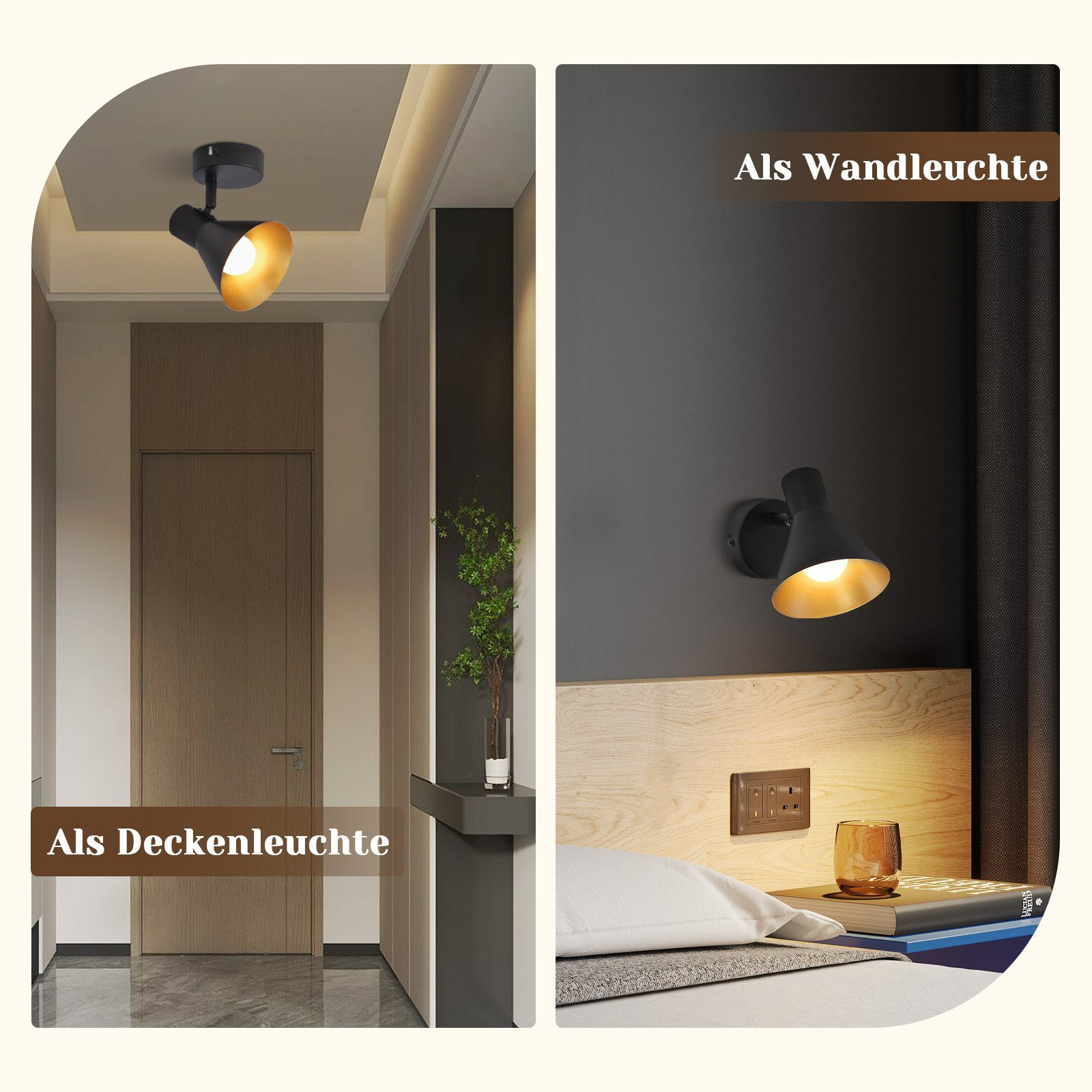 Faretti a soffitto neri con riflettore dorato sopra porta in legno; applique sopra letto.