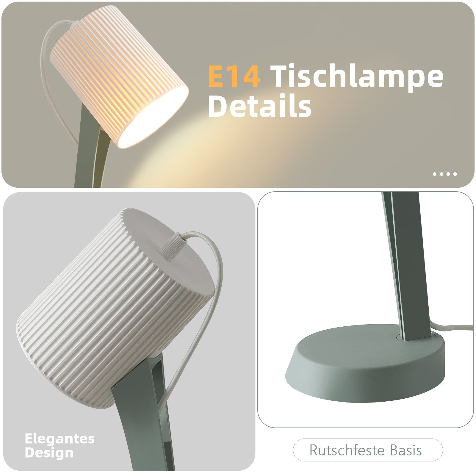 Lampada da tavolo E14 con paralume a coste e base verde salvia.