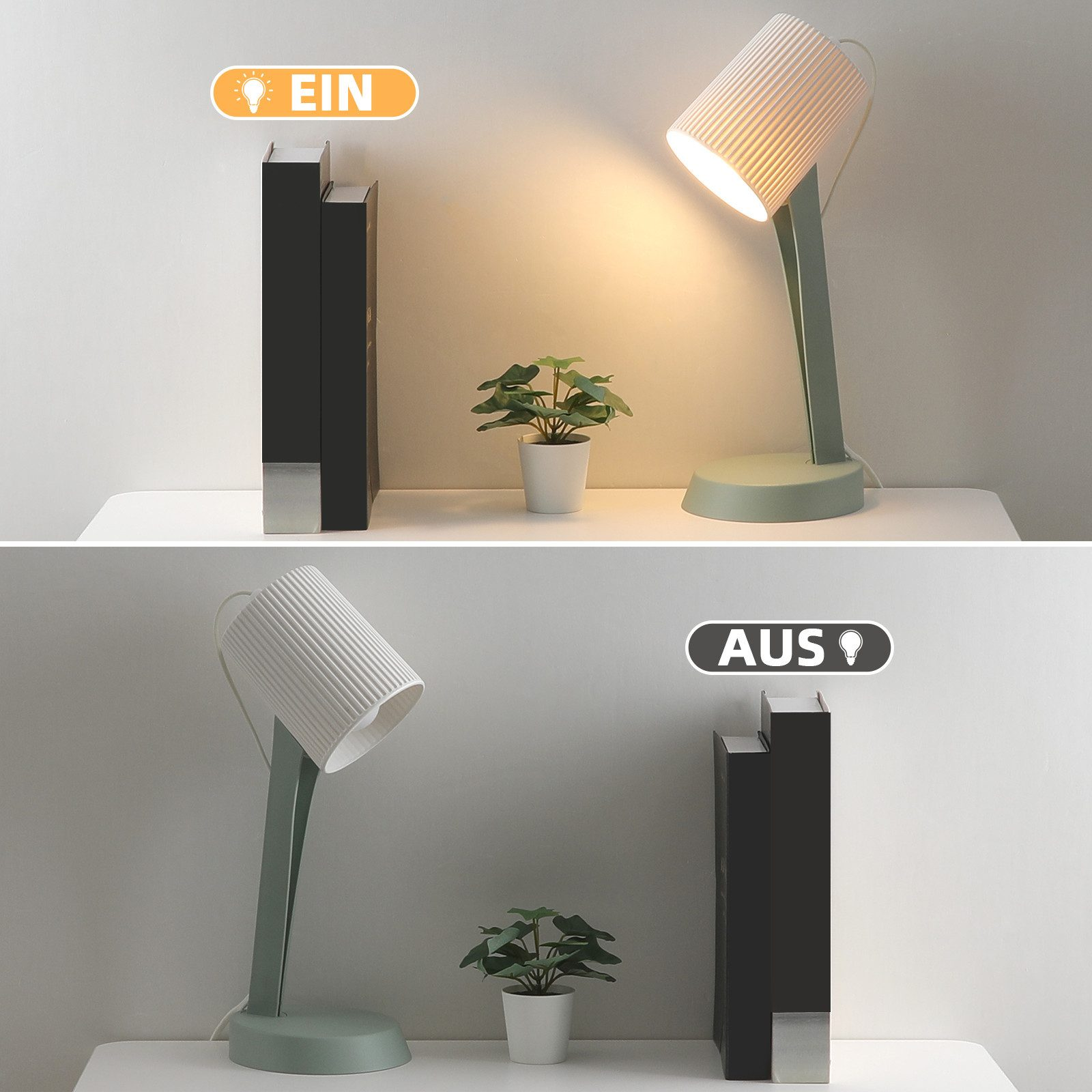 Sopra: Lampada ACCESA. Sotto: Lampada SPENTA, vicino a libri neri e pianta.