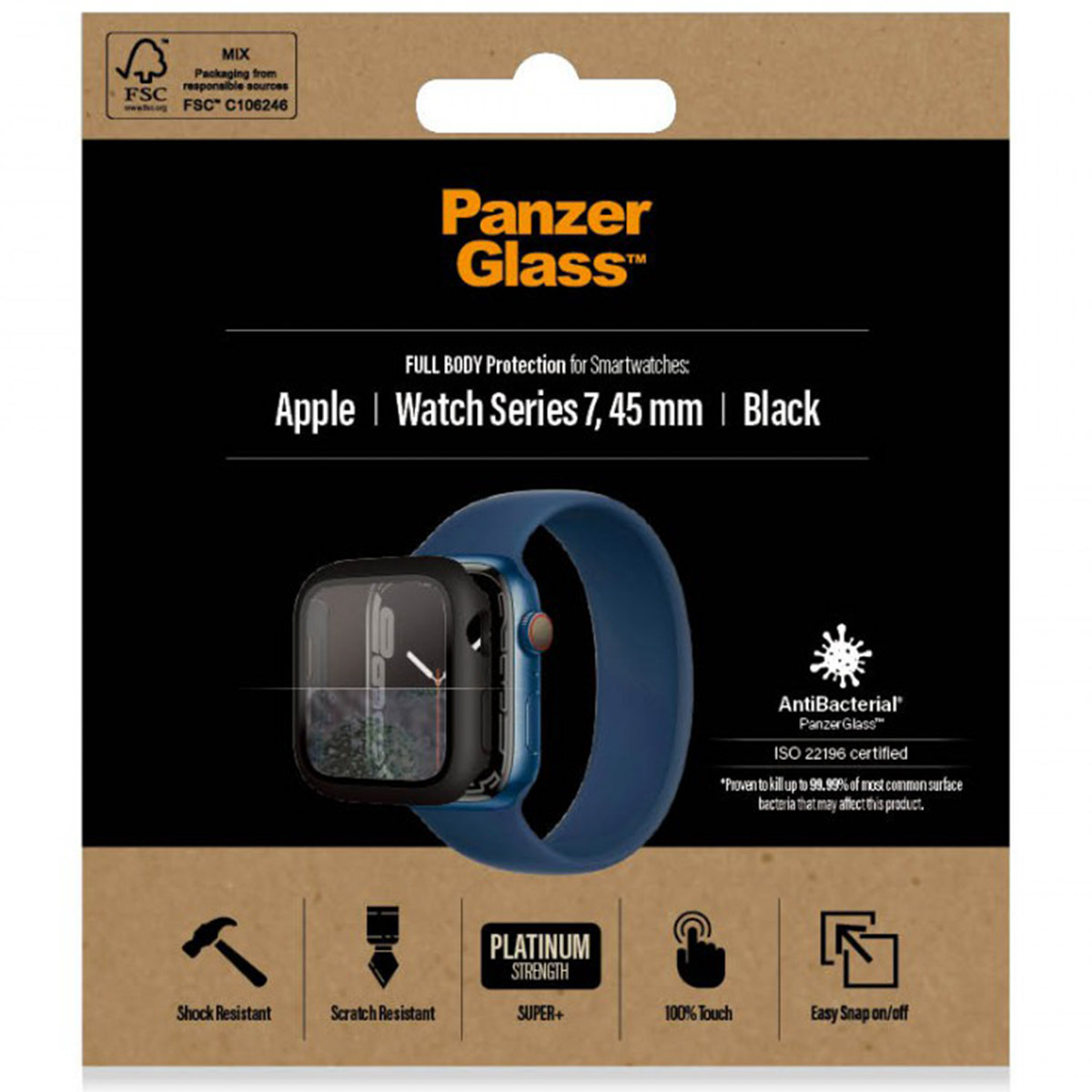 Czarne etui Panzer Glass na całe ciało do Apple Watch Series 7, 45 mm.