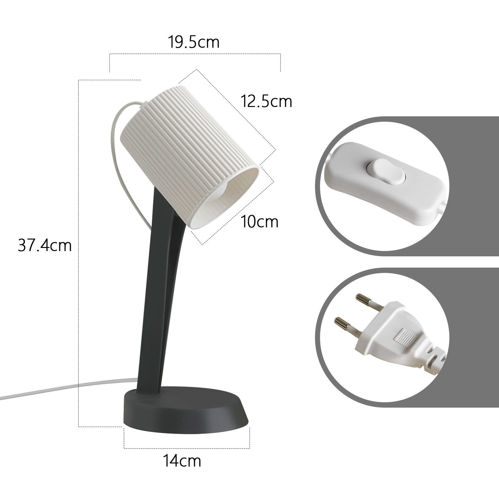 Lampada nera con paralume a coste bianche, dimensioni e spina.