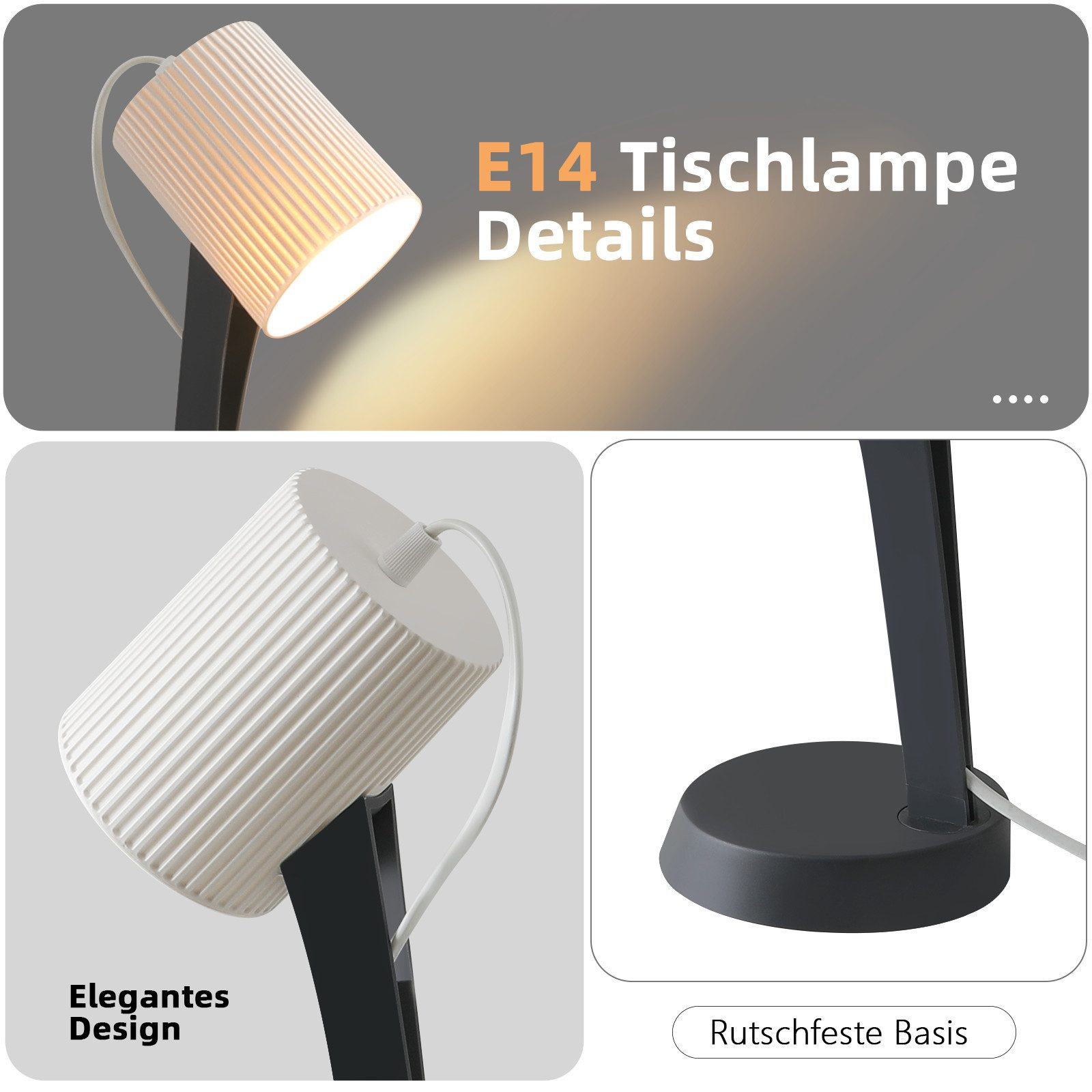 Lampada da scrivania bianca con paralume a coste e braccio nero.