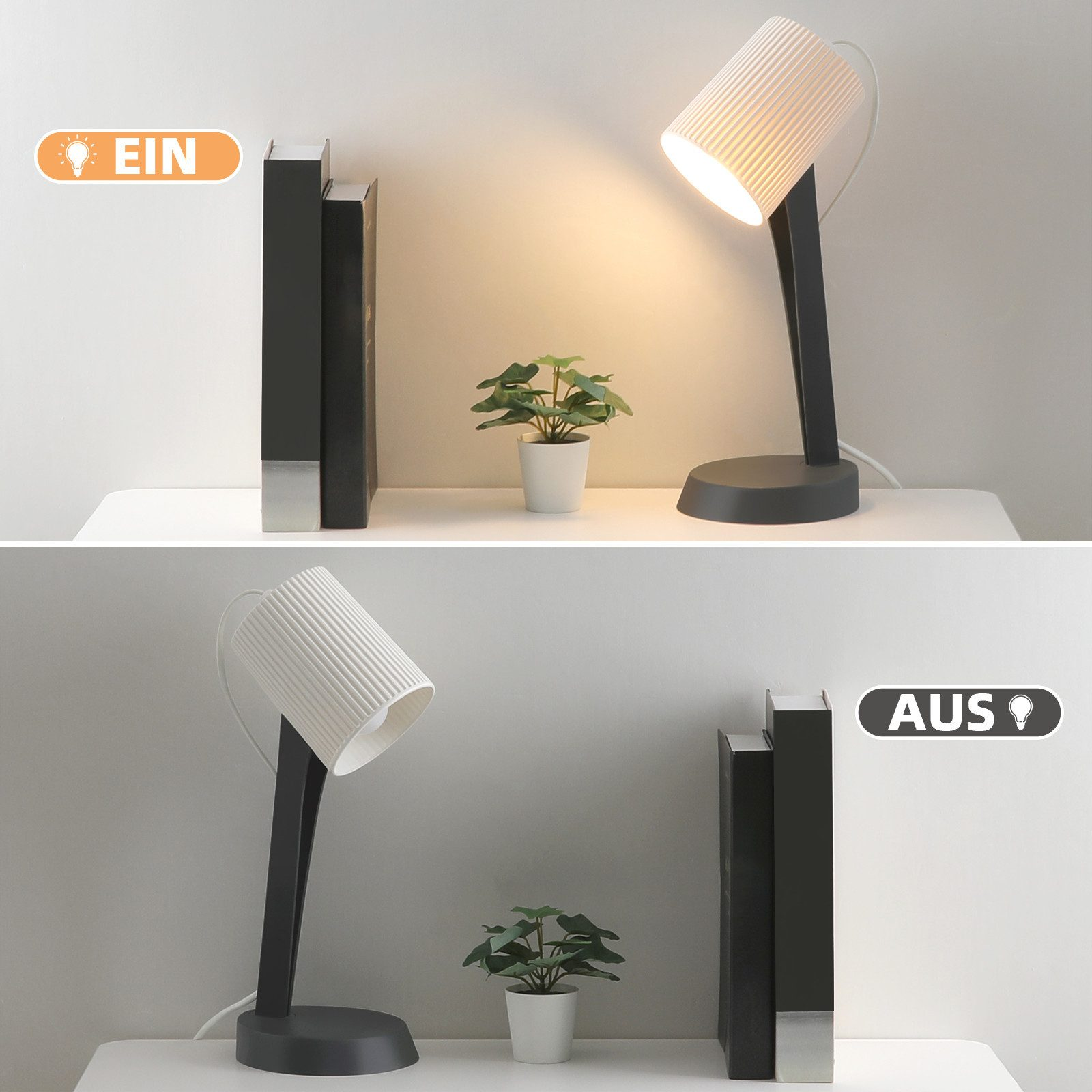 Lampada accesa e spenta, accanto a due libri e una pianta.