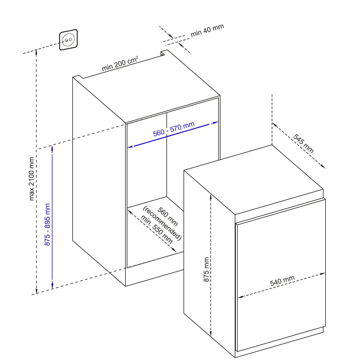Technische tekening toont inbouwmaten voor apparaten, hoogtes 875-895 mm en dieptes.