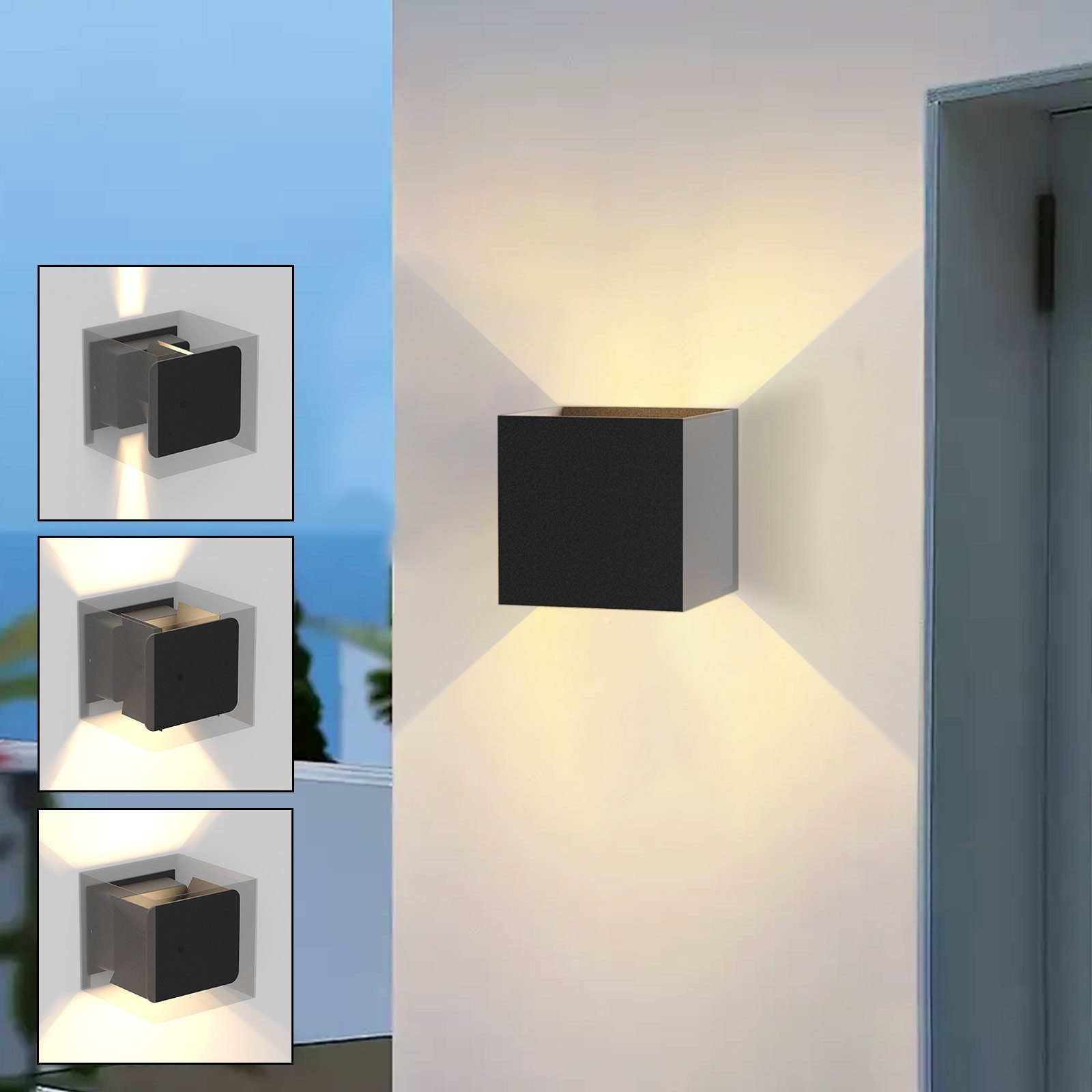 Un aplique de pared cúbico ilumina la pared hacia arriba y abajo.