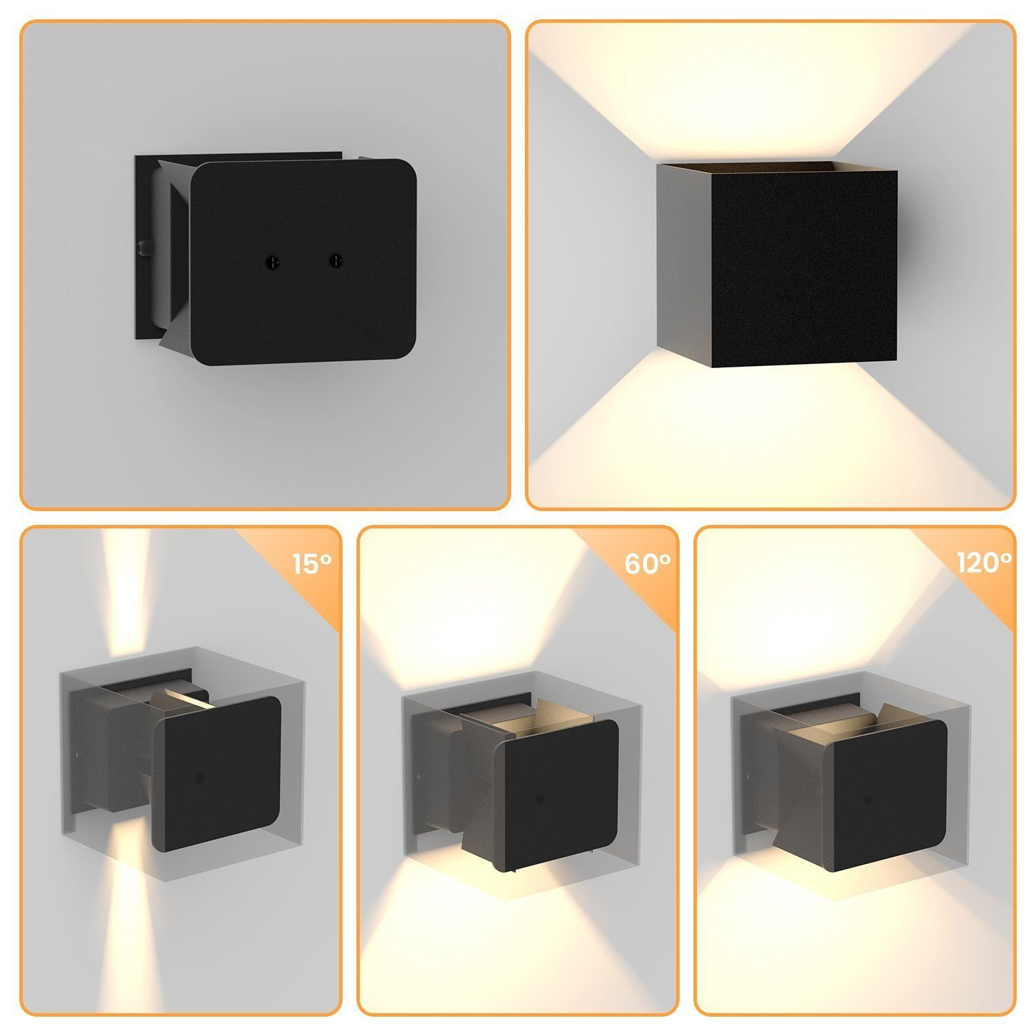 Luz de pared cuadrada negra mostrada desde diferentes ángulos y dispersiones.