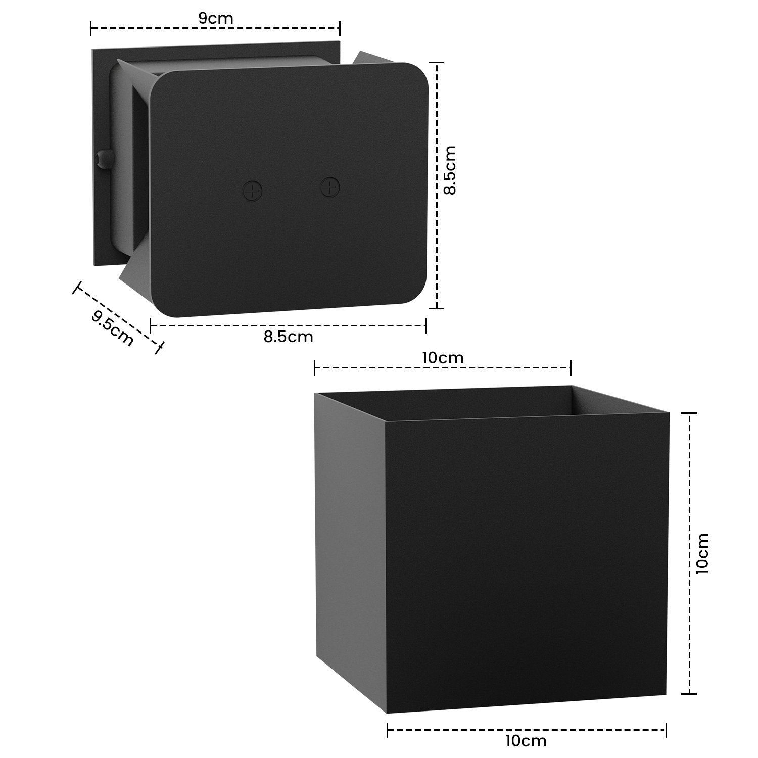 Dos accesorios cúbicos negros. Uno muestra dimensiones 9x8.5x9.5cm, otro 10x10x10cm.