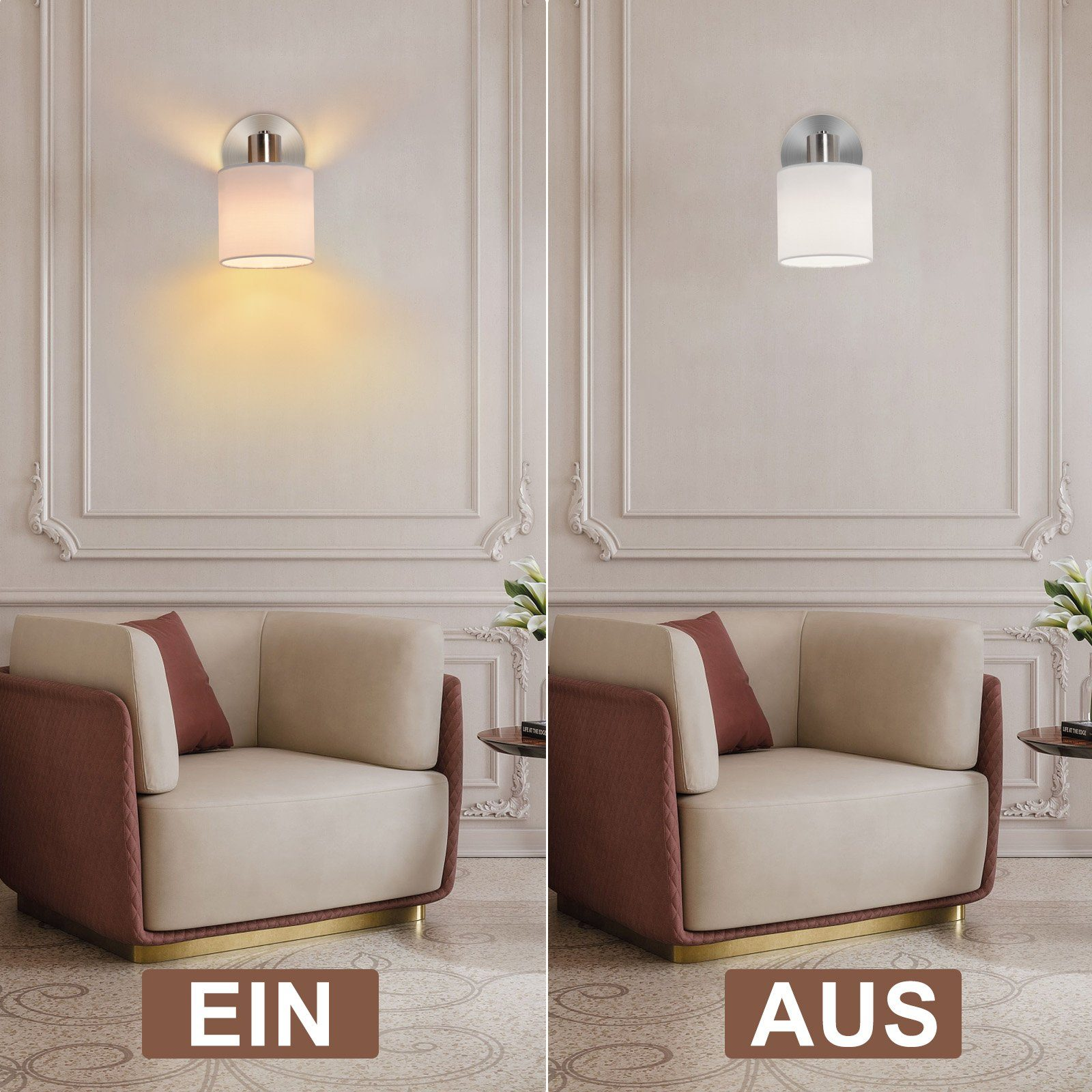 Lampada da parete sopra poltrona, una volta accesa, una volta spenta.