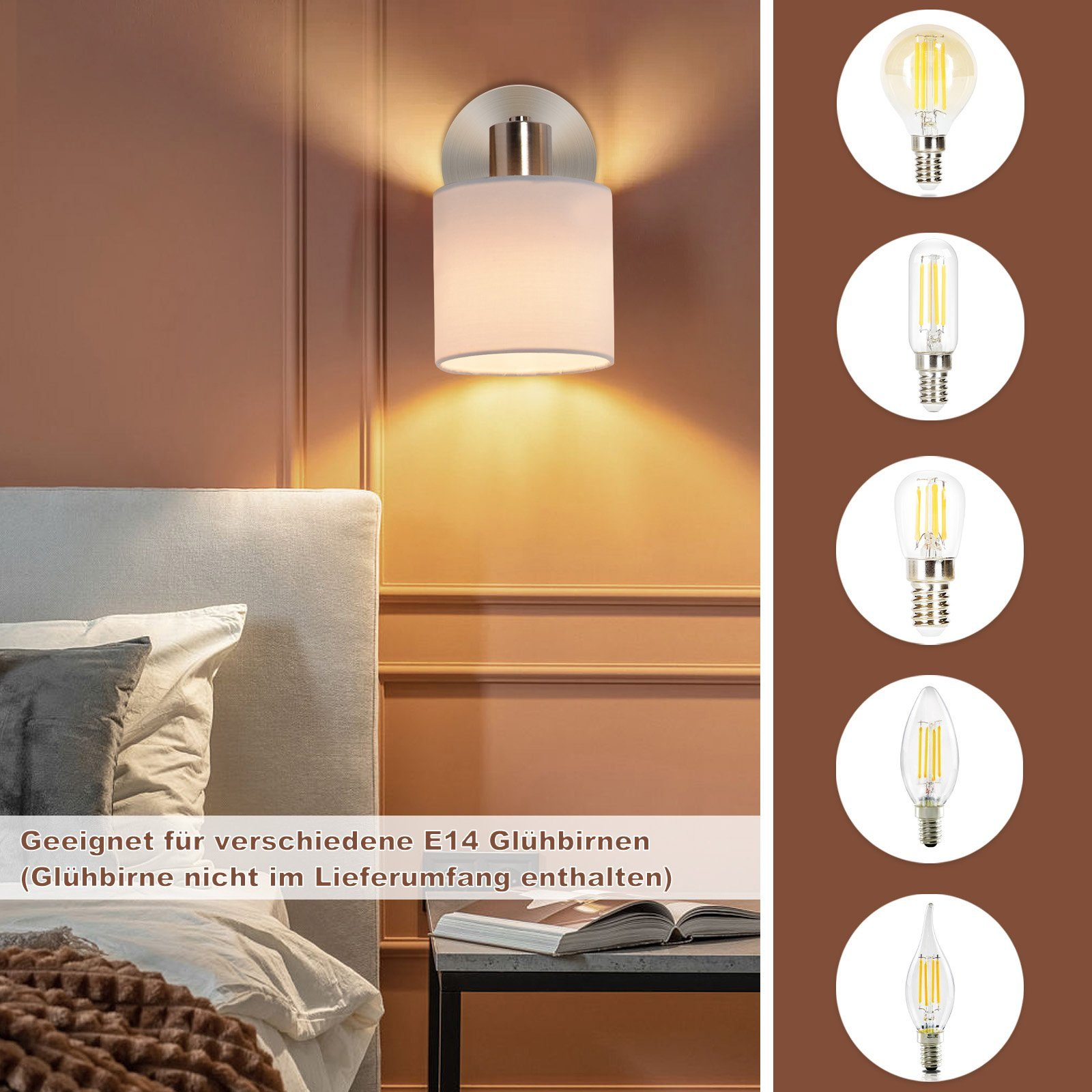 Lampada da parete con paralume bianco e cinque lampadine E14 accanto.