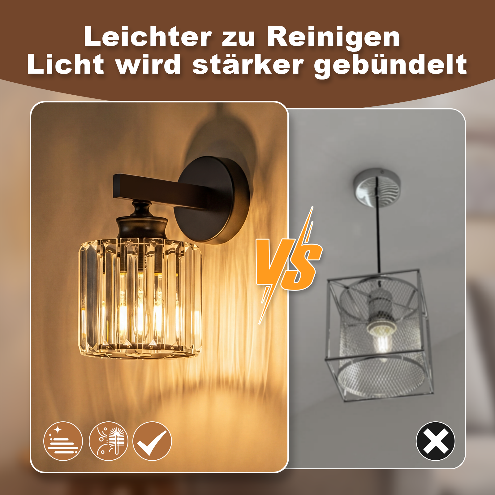 Comparación de dos lámparas: una lámpara de pared de cristal y una lámpara colgante de jaula.