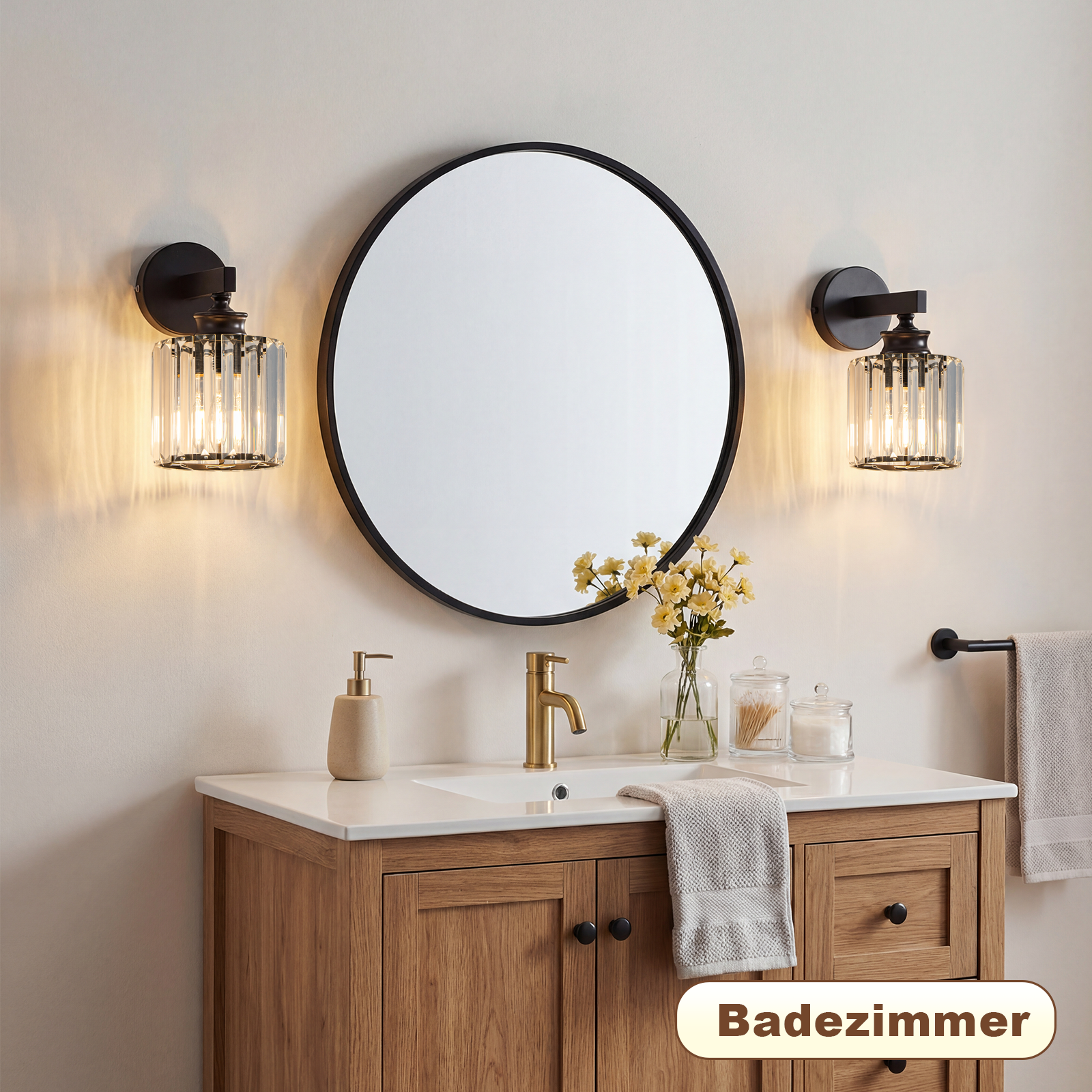 Mueble de baño con lavabo, espejo, luces y toallero. Gabinetes de madera.