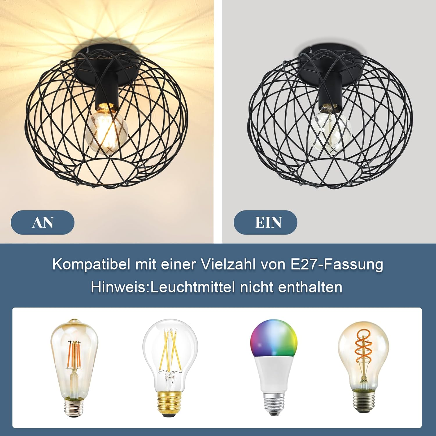 Lampada da soffitto con paralume a gabbia metallica e lampadine E27.
