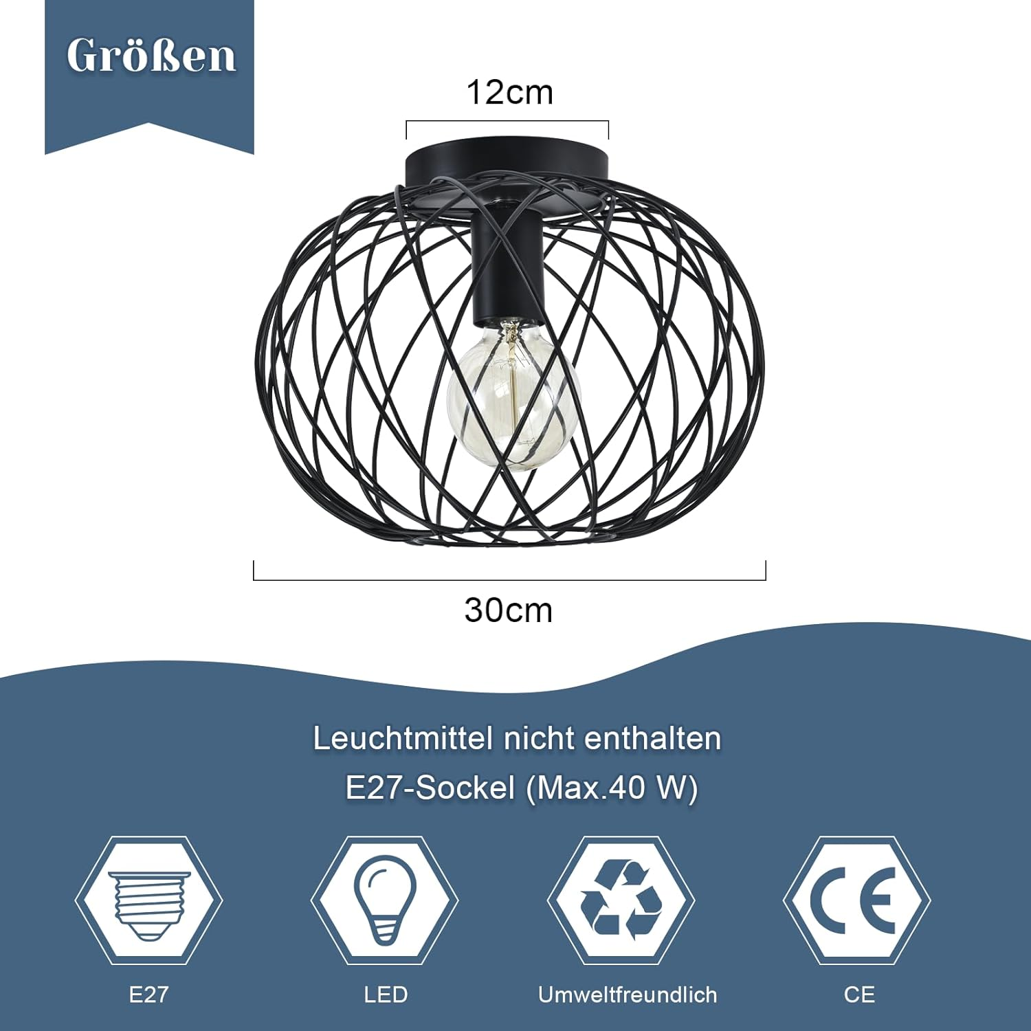 Lampada a sospensione nera in rete metallica, larga 30cm, attacco E27.