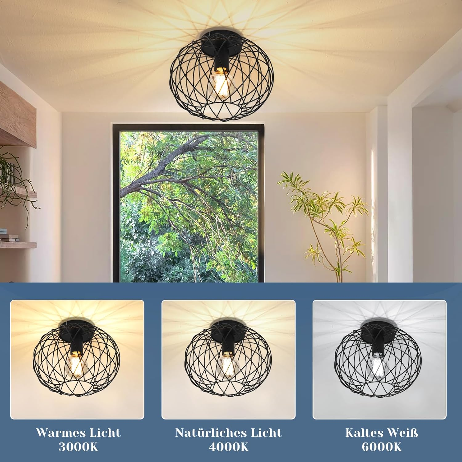 Lampada da soffitto con paralume in rete metallica e lampadina a vista, mostra diversi colori di luce.