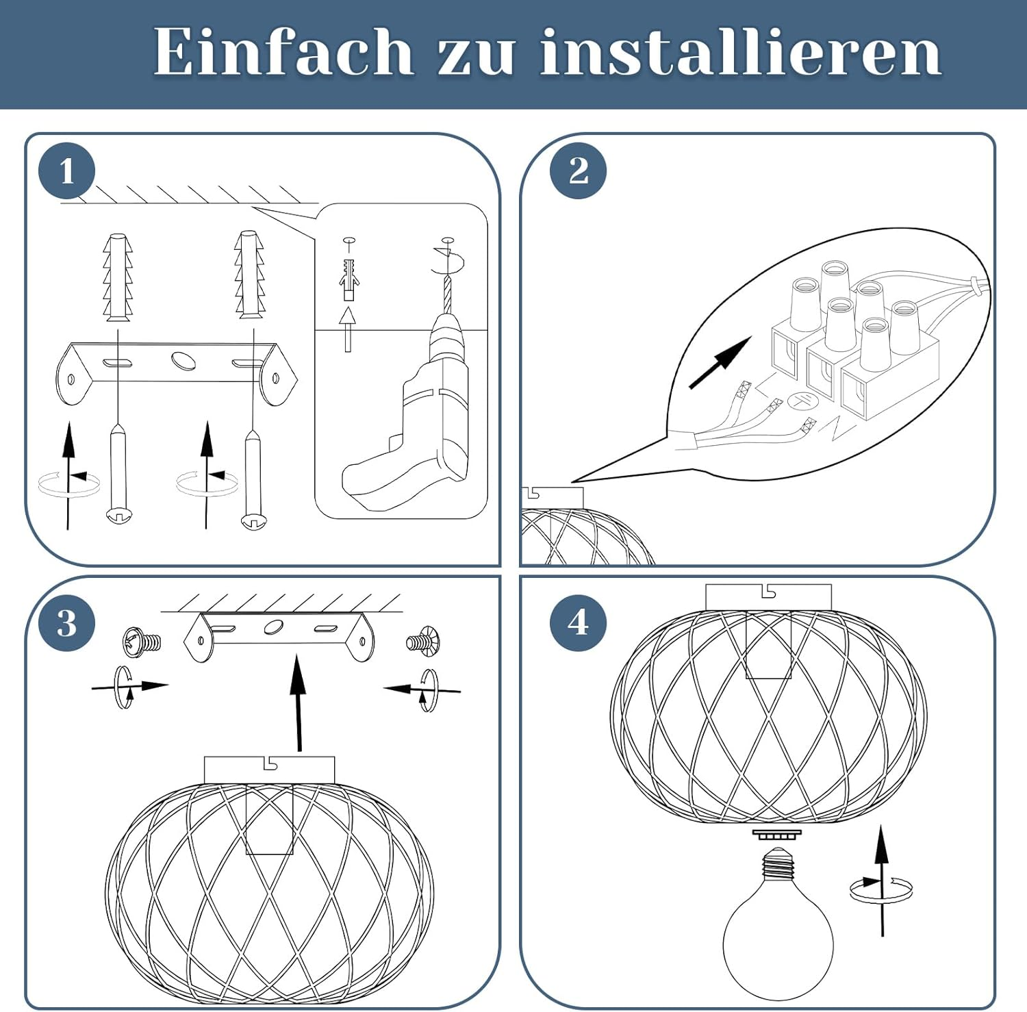 Guida all'installazione: montaggio a parete, collegamento cavi, sospensione e inserimento lampadina.