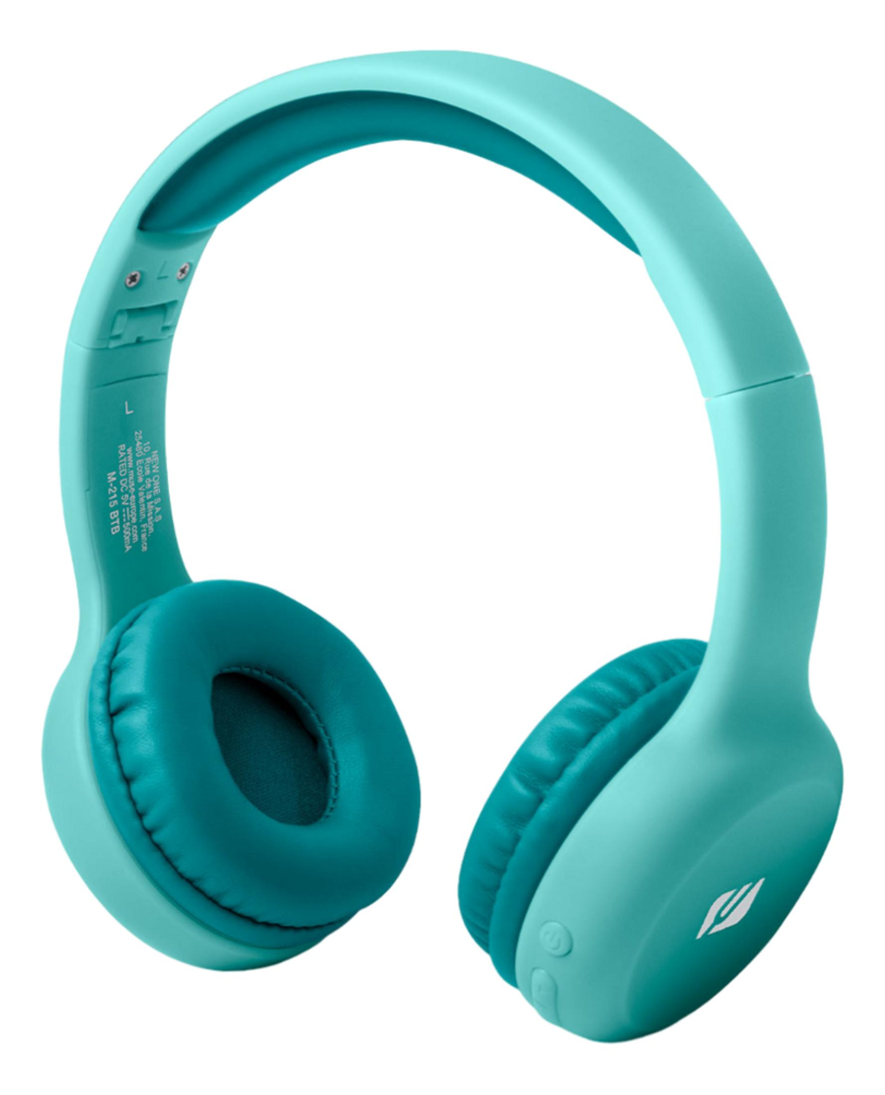 Turkusowe słuchawki z wyściełanymi nausznikami i pałąkiem.