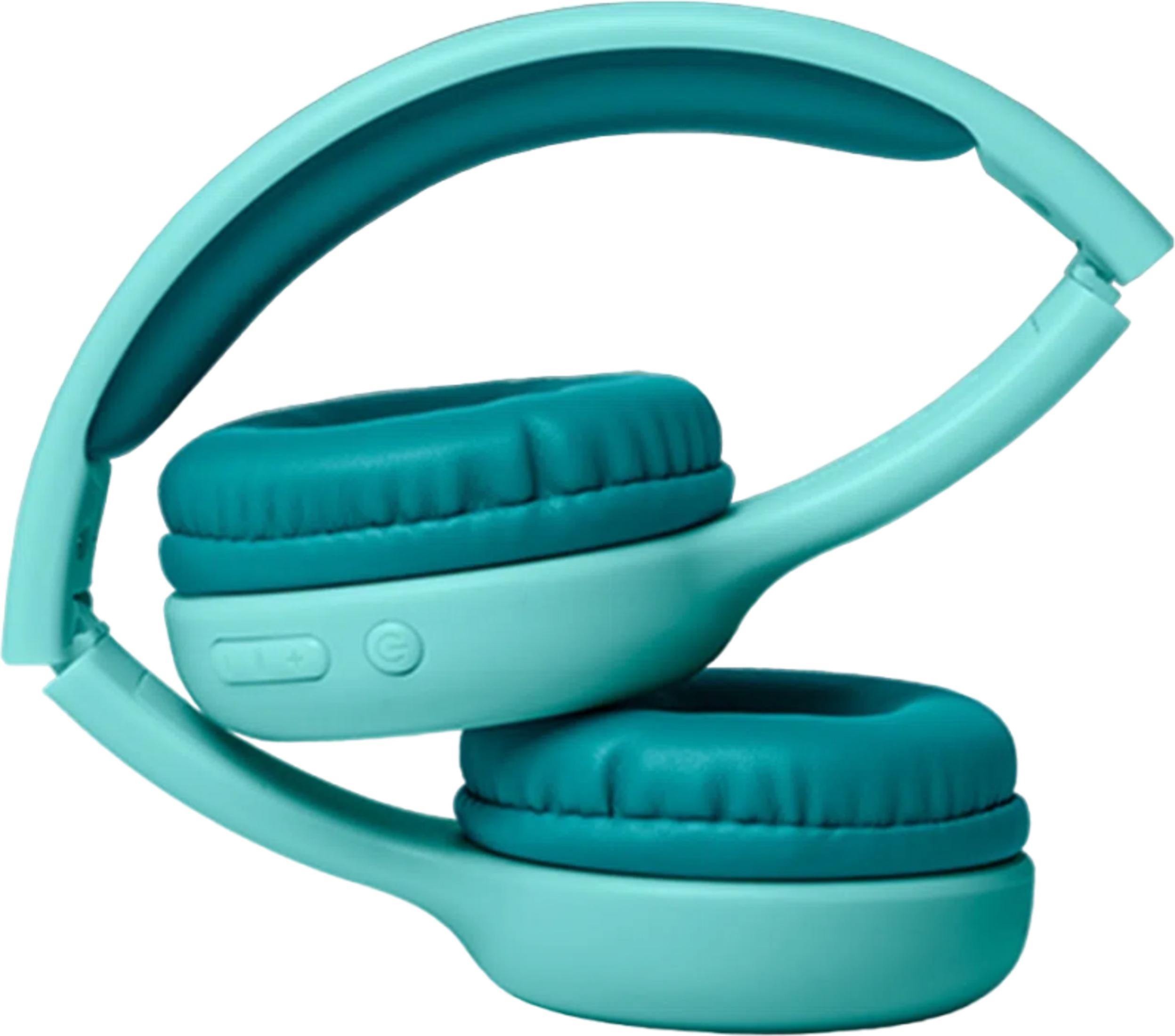 Turkusowe słuchawki ze skrzyżowanymi nausznikami i regulowanym pałąkiem.
