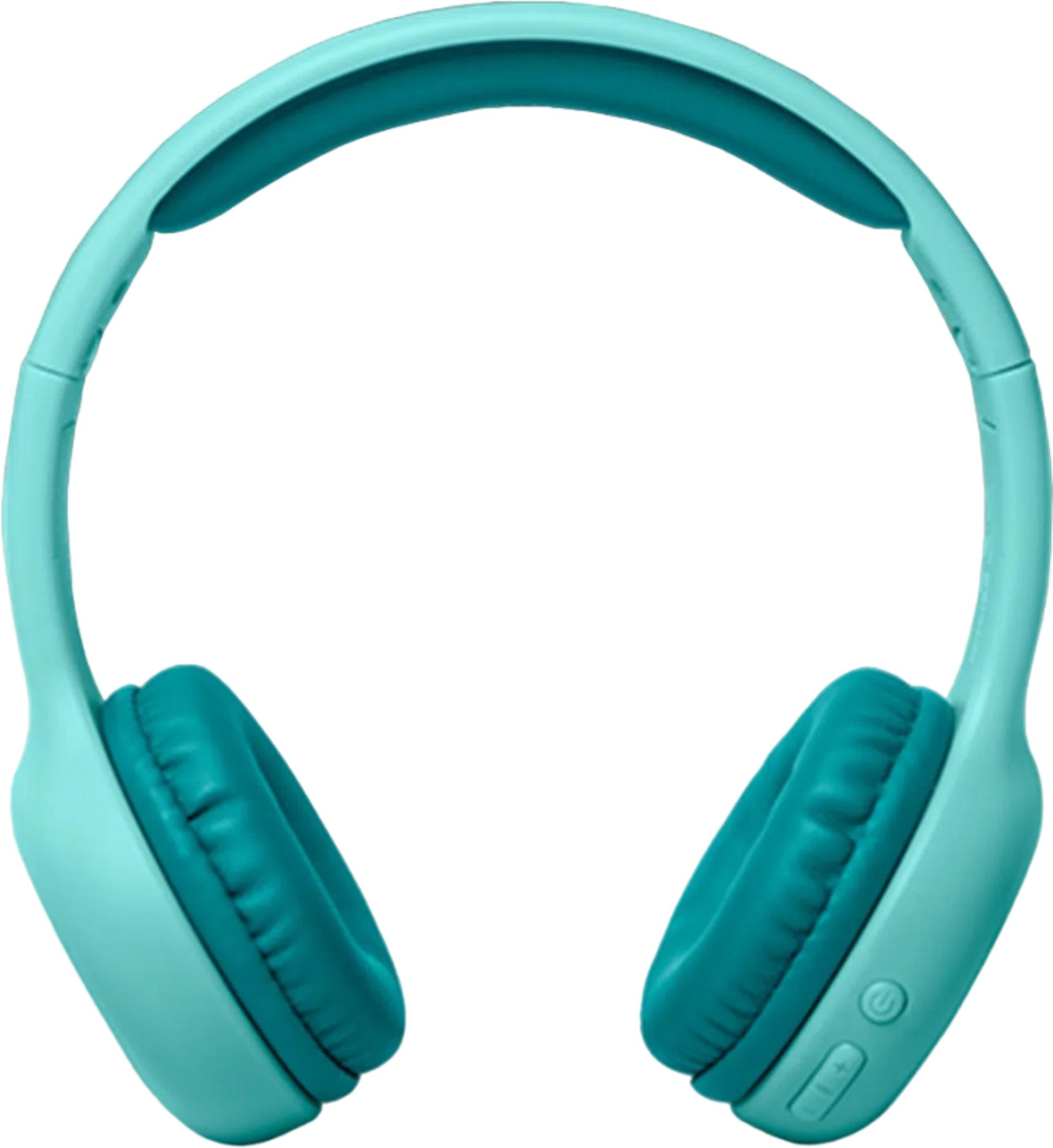 Turkusowe słuchawki z wyściełanymi nausznikami i przyciskami sterowania.