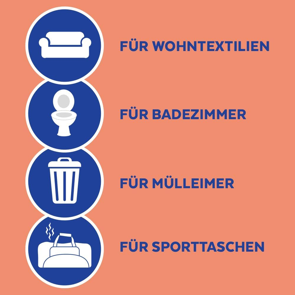 Symbole: Sofa, Toilette, Mülleimer, Sporttasche mit Texten.