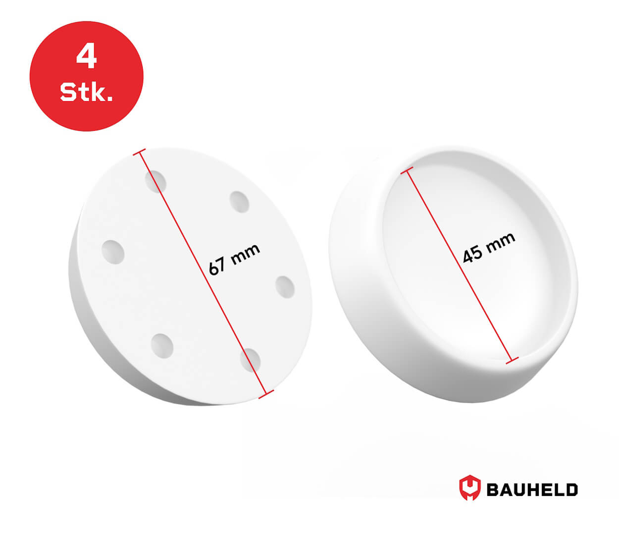 Zwei weiße Kunststoffteile, eins flach mit 4 Löchern, eins zylindrisch. Maße 67 mm und 45 mm.