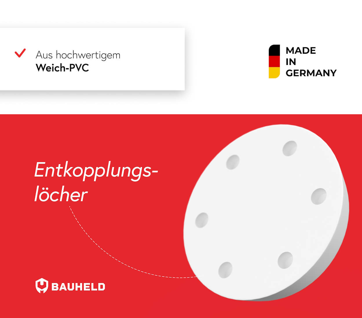 Ein weißes, rundes Objekt mit sechs Löchern, auf rotem Hintergrund.