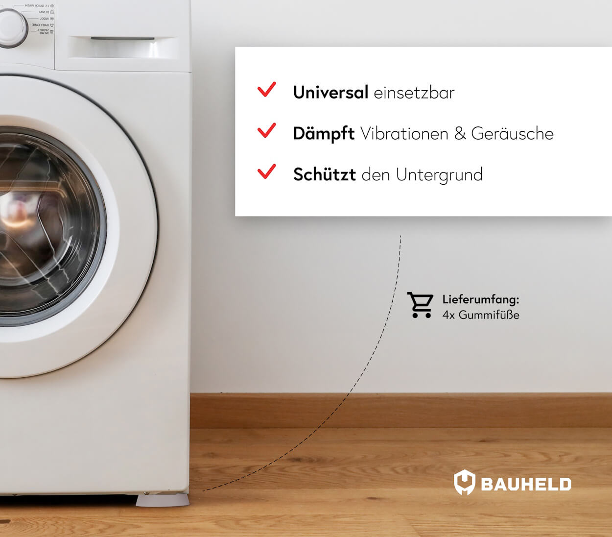 Waschmaschine mit Gummifüßen, die Vibrationen dämpfen und den Boden schützen.