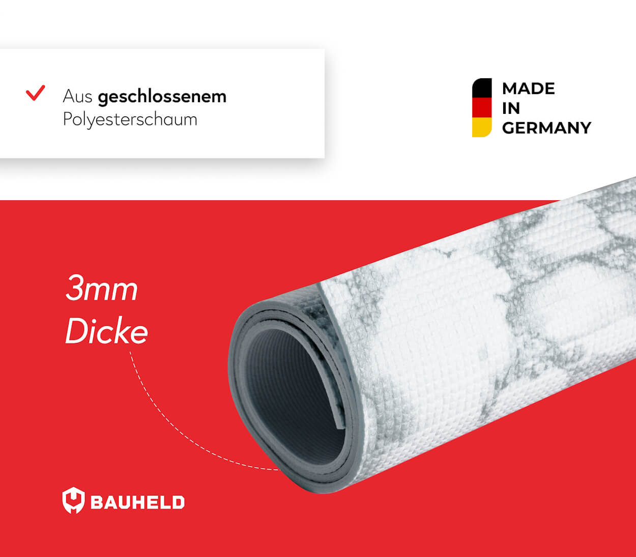 Gerollte 3mm dicke Matte mit Marmormuster, Made in Germany.
