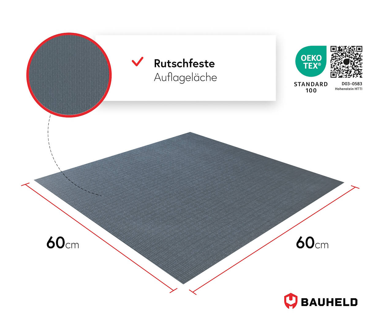 Grauer Teppich, 60x60cm, mit rutschfester Auflagefläche und OEKO-TEX Siegel.