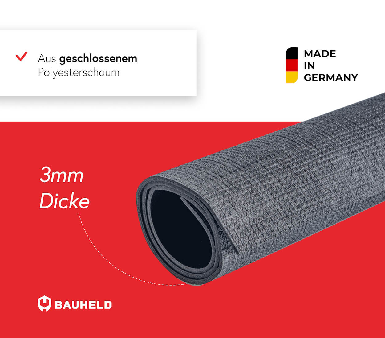 Graue, aufgerollte Matte aus Polsterschaum, 3mm dick, Made in Germany.