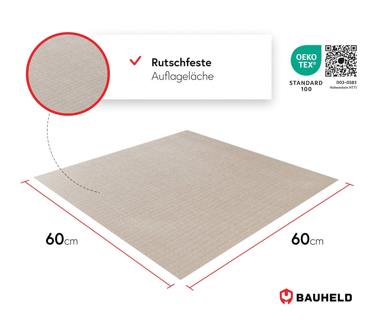 60x60cm rutschfeste Auflagefläche mit Öko-Tex-Siegel und Bauheld-Logo.