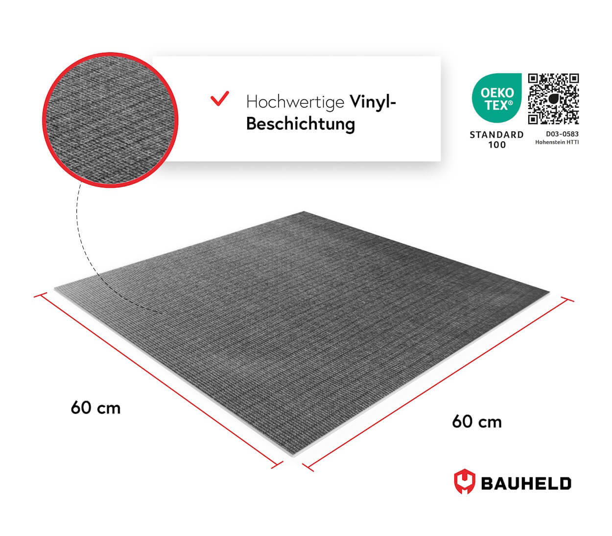 Grauer Teppich, 60x60 cm, mit Öko-Tex-Siegel und Bauheld-Logo.