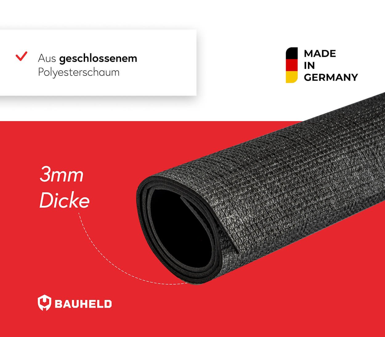 Gerolltes schwarzes Material, 3mm dick, aus Schaumstoff, Made in Germany.
